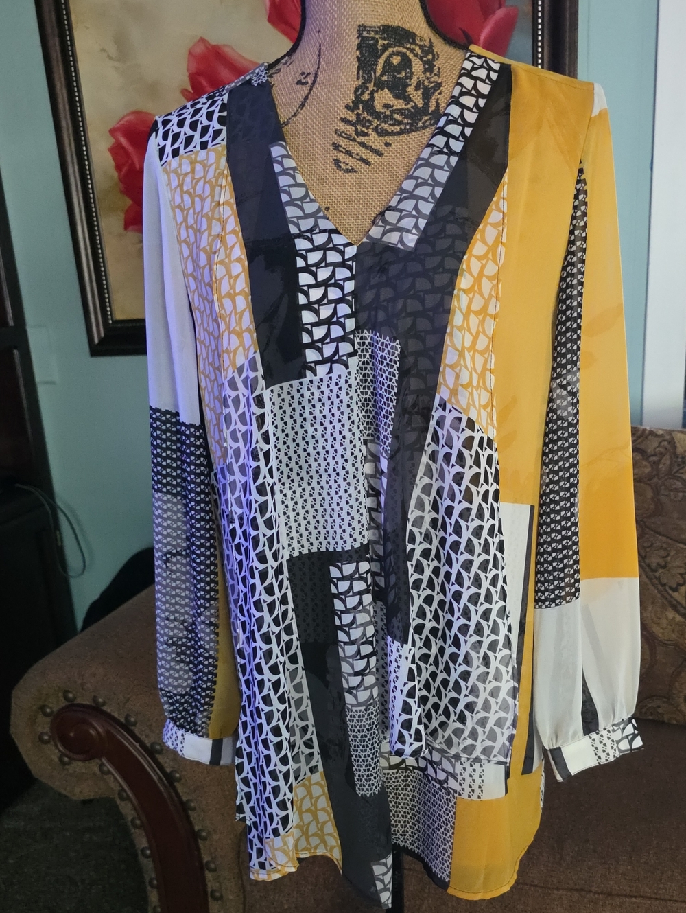 Chicos Women Top Multicolor Boho Casual RelaxedLong Sleeves Ruffle Summer Size 0